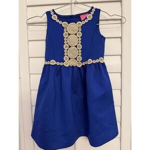 Pulitzer Girls' Baylee fit-and-flare dress in blue with gold embroidered details